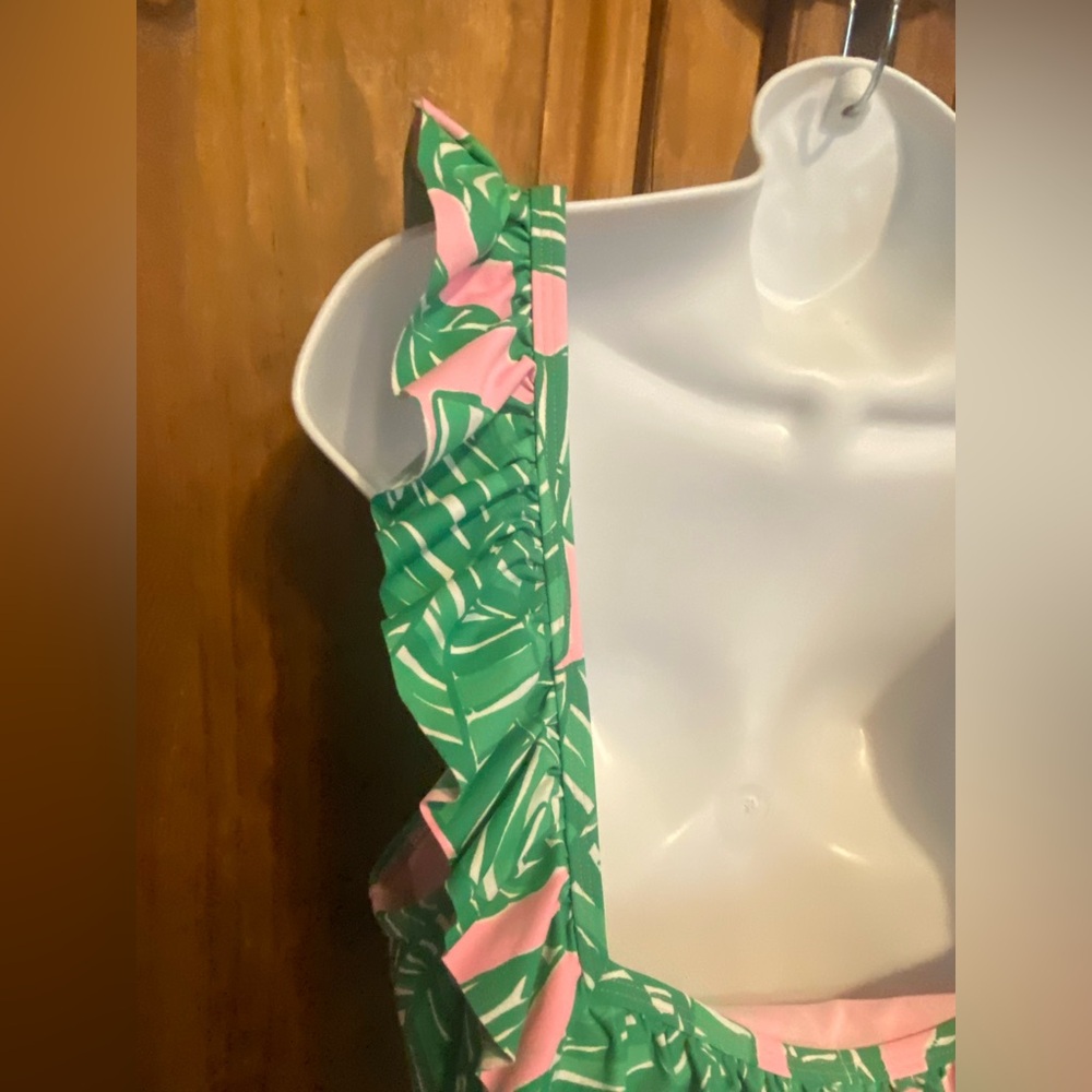 Lilly Pulitzer Green Palm Leaf One-Piece Swimsuit with Pink Accents - Picture 7 of 12